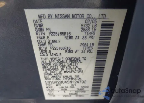 2005 Nissan Quest z USA, uszkodzony, nr VIN 5N1BV2BU45N124792